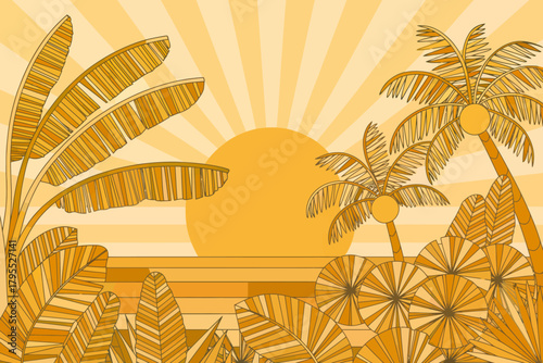 Golden Tropical Paradise Illustration with Palm Trees and Banana Leaves a Relaxing Vacation Getaway for Summer Vibes