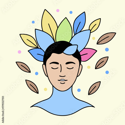 Serene face adorned with colorful leaves and gentle dots