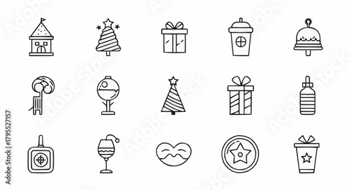 Illustration displaying a collection of christmas and winter themed icons in a line art style