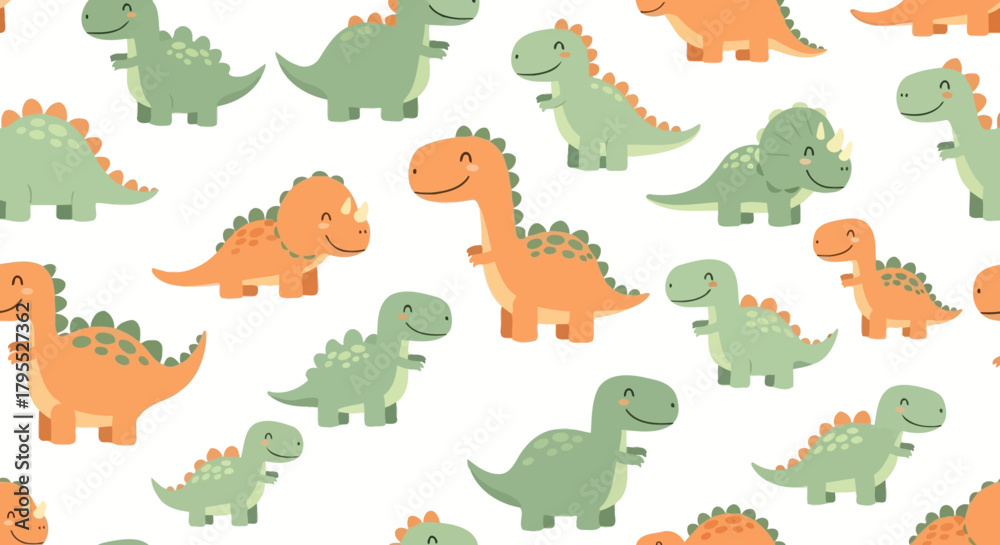 Naklejka premium Colorful cartoon dinosaurs in orange and green, scattered on a white background, creating a playful, repeating pattern