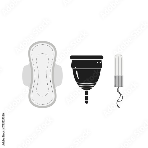 Collection of feminine hygiene products including a sanitary pad, menstrual cup, and tampon