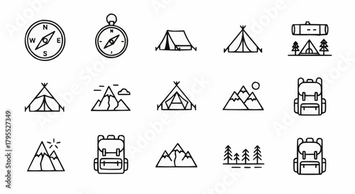 Collection of camping icons featuring compasses tents backpacks and mountain landscapes in a simple line art style