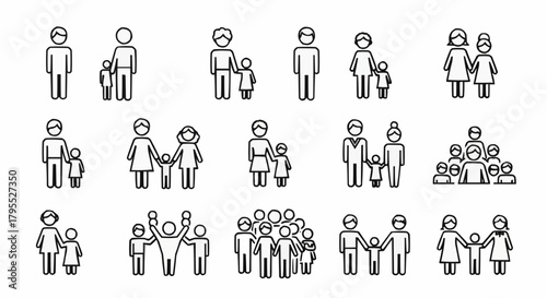 Illustration of various family structures with stick figures including parents and children in black and white