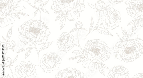 Beige floral line art on white background. Elegant design with blooms and buds