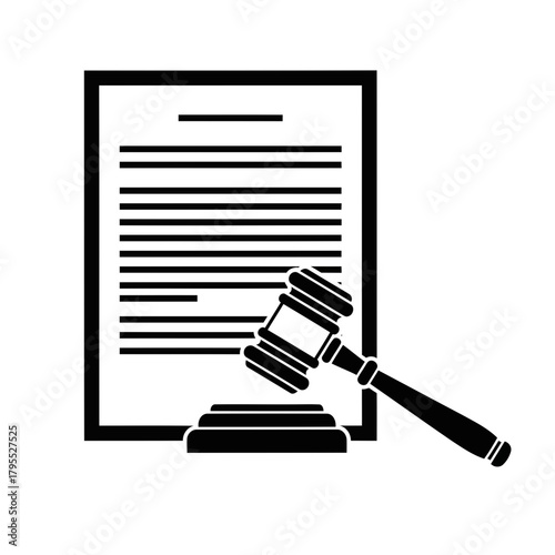Silhouette of a legal gavel resting on a sound block next to a document with lines of text