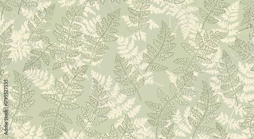 Repeating pattern of fern-like leaves in two shades over a muted green backdrop, creating a gentle and organic feel
