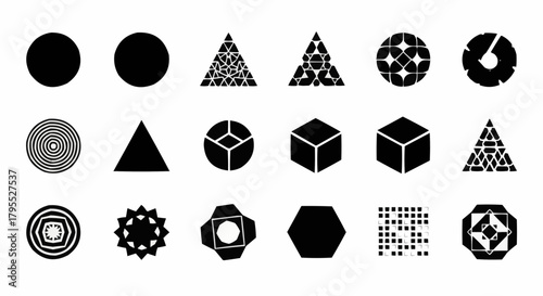 Collection of geometric shapes including circles triangles cubes and polygons arranged in a grid pattern