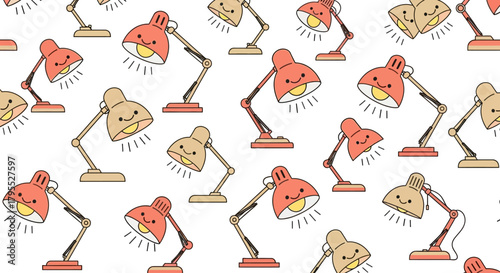 A repeating pattern of cartoon desk lamps with smiling faces, each emitting light. The background is pure white
