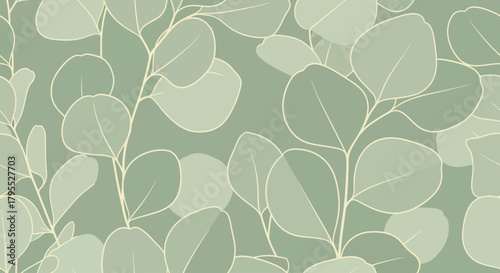 Pastel eucalyptus leaves on a soft green backdrop create a calming, botanical pattern, with soft light and shadow play