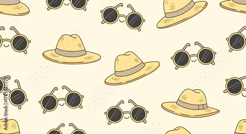 A repeating pattern on a pale yellow background, featuring cartoon sunglasses and straw hats, all with simple facial features