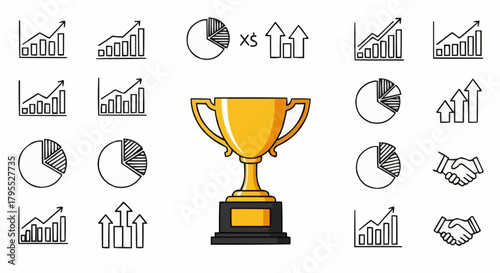 Illustration showing business growth with bar charts, pie charts, arrows, handshake and a trophy cup