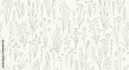 An elegant, repeating pattern of sketched wildflowers in varying heights and styles against a light-cream backdrop