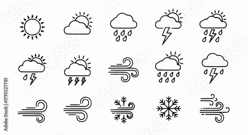 Illustration of various weather symbols including sun, clouds, rain, wind, lightning, and snowflakes