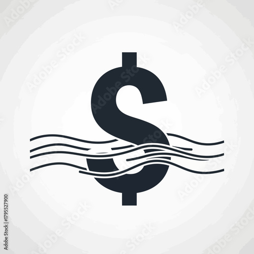 A dark dollar sign submerged in wavy water, representing financial instability, economic crisis, or monetary challenges