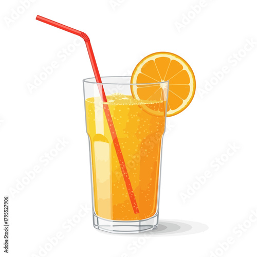 Refreshing orange juice in a tall glass with a slice of orange and a straw