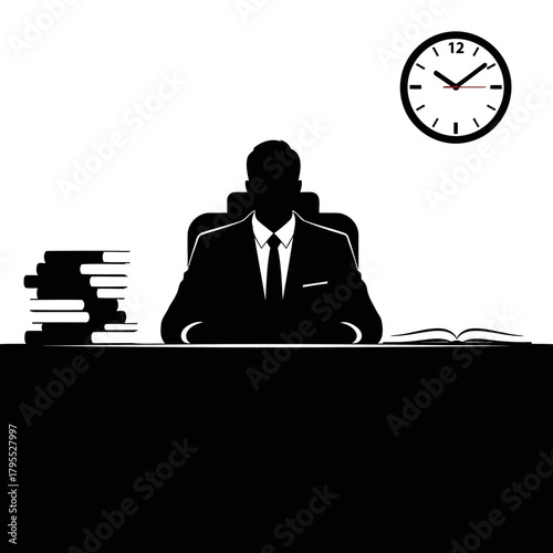 Silhouette of a businessman sitting at a desk with books and a clock
