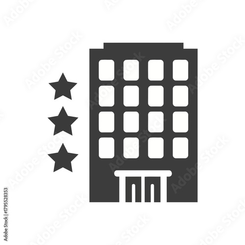 Simple black icon of a hotel building with three stars on the side, representing a threestar hotel