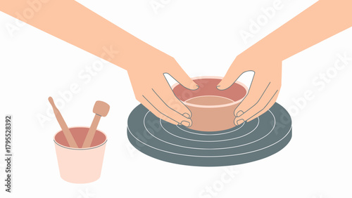 Pottery Wheel Illustration Featuring Hands Shaping Clay Crafting a Beautiful Ceramic Piece with Craft Tools
