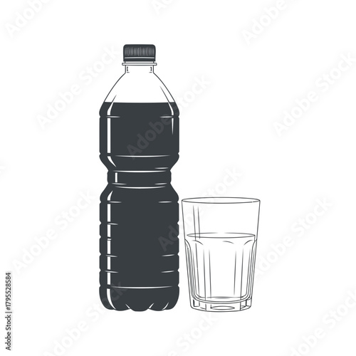 Plastic bottle of dark liquid next to a glass filled with liquid, representing refreshment and beverages