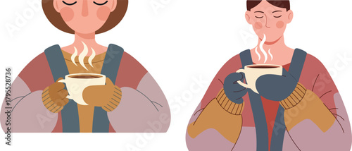 60s-70s Elongated Woman with coffee Flat Vector Illustration