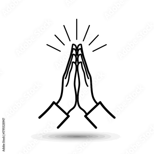 Minimalist black and white line drawing of hands clasped together in prayer or greeting, with radiating lines symbolizing spirituality or hope