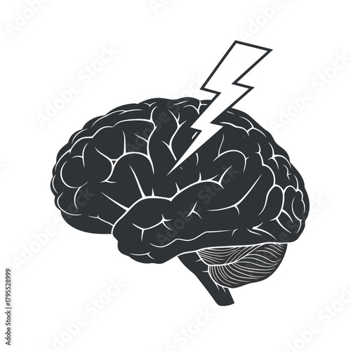 Stylized black and white illustration of a human brain with a lightning bolt striking the top, symbolizing a powerful idea or sudden insight