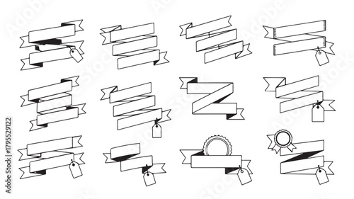 Vector illustration set of colorful office objects and stacked books for business and education design with a ribbon label icon