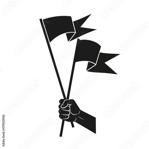 Hand holding two black flags