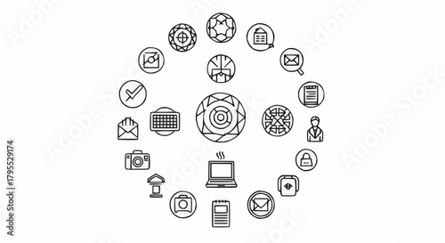 Circular arrangement of various outline icons representing diverse themes and subjects matter