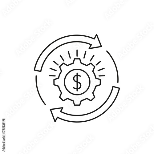 Circular arrows around a gear with a dollar sign inside