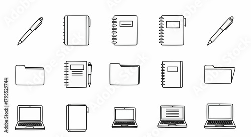 Illustration of assorted office supplies including pens, notebooks, folders, and laptop computers