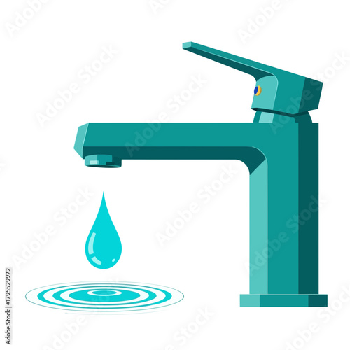 Modern teal faucet with a single water drop falling into ripples