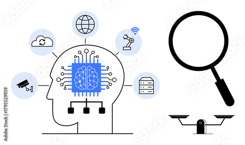 Human head diagram with AI chip, connected to technology icons cloud, globe, robotics, network, data. Magnifying glass and balance scale symbolize ethics, decision-making. Ideal for tech AI data