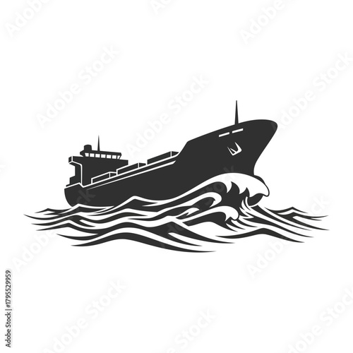 Silhouette of a cargo ship sailing through stylized waves