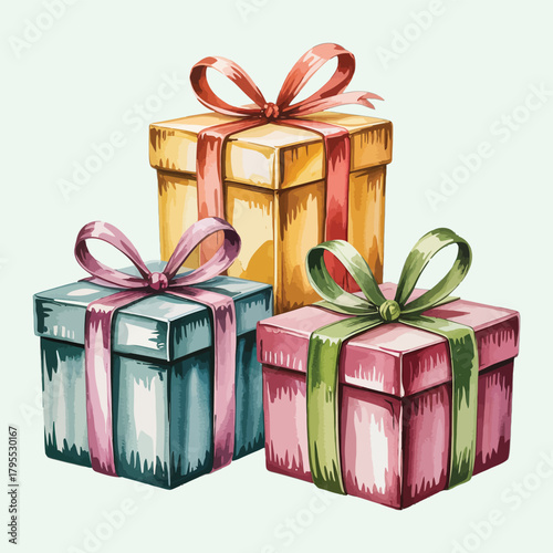 Watercolor gift boxes with vibrant ribbons for celebration fun isolated on transparent background, Vector, illustration