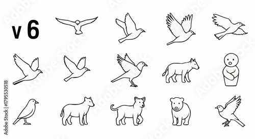 Collection of outlined animals including various birds dogs a bear and a person illustration v six