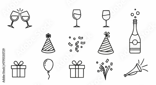 Illustration of party elements including champagne glasses, gifts, hats, confetti, and a champagne bottle