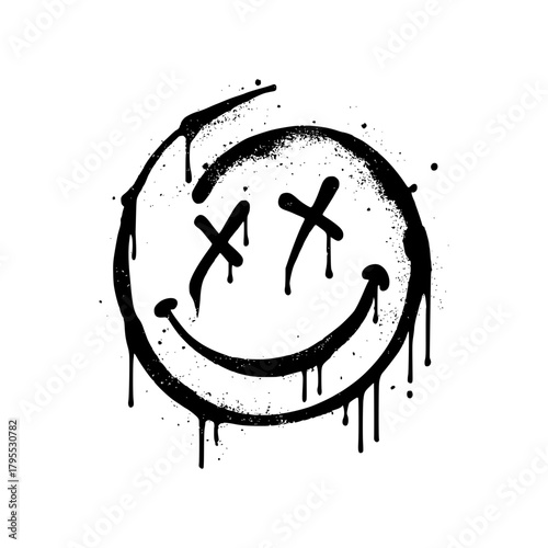 Black graffiti smiley face with X eyes, spray paint art