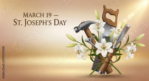 St. Joseph's Day Celebration with Tools and Lilies. Ai generation