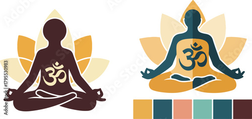 Vintage Meditation Icons Flat Lotus Pose OM Symbol Simplified Illustration