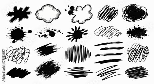 Illustration of various black ink splatters, brush strokes, and scribbles on a white background art