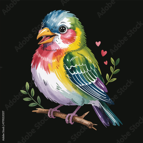 Colorful singing bird watercolor artwork on branch, nature design isolated on transparent background, Vector, illustration