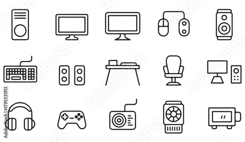 Technology icon pack featuring screens, sound equipment, projectors, and consoles