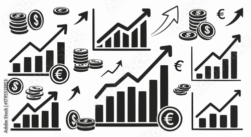 Illustration of financial growth charts with upward arrows and currency coins in black and white design