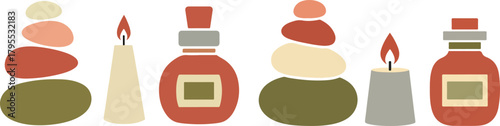 Retro Spa Icons Massage Stones Candles Essential Oil Bottles Illustration