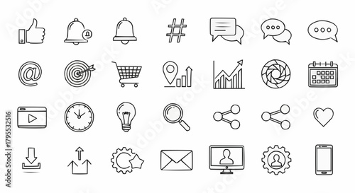 Illustration of various social media and business icons in a hand drawn style in black and white color