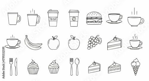 Illustration of various food and drink items including coffee, fruit, dessert, and a burger item