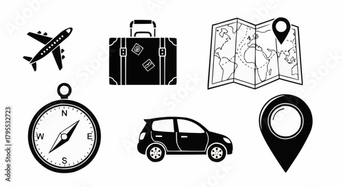Illustration of travel elements including a plane, suitcase, map, compass, car and location pin
