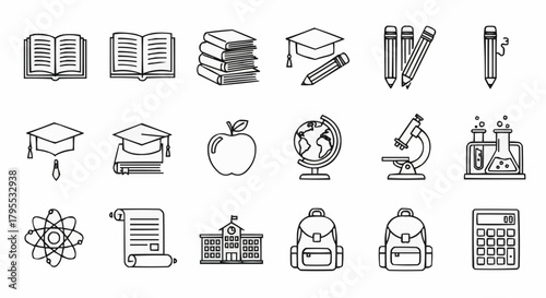 Outline drawing of school objects including books, globe, microscope, and graduation cap icons set up