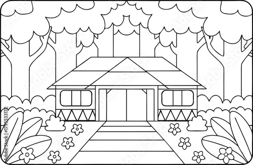 Outline illustration of a charming traditional house nestled among tall trees and blooming flowers